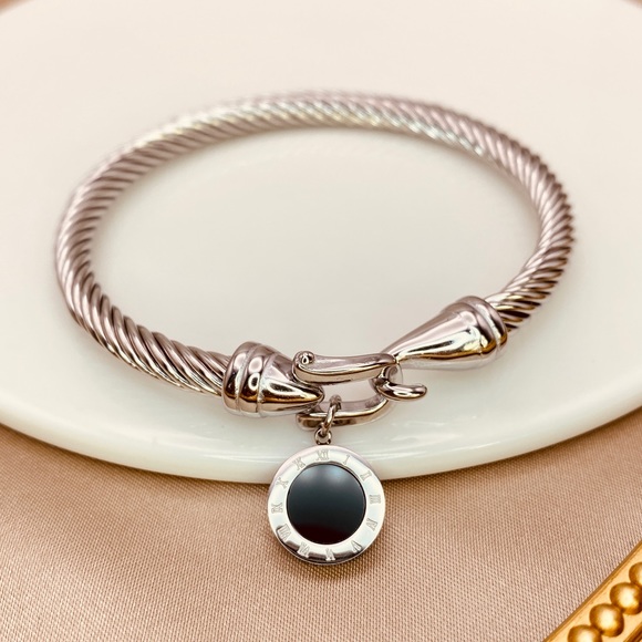 Luzy Jewelry Jewelry - 18K White Gold Titanium Cable Hook Black Onyx Roman Numerals Charm Bracelet
